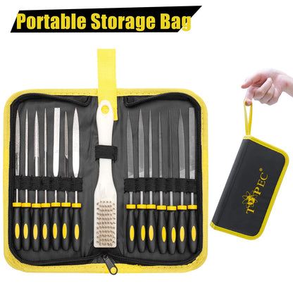 Topec 15PCS Small File Set, Needle Diamond Files, Jewlers Files & Steel Files with Metal Brush and Storage Bag, for Precision Metal File Work, Wood, Jewelry, DIY Carving Tool