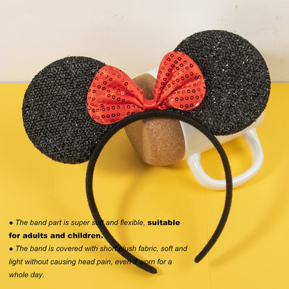 CHuangQi Mouse Ears Headband for Boys and Girls Birthday Party or Celebrations, Solid Black and Red Bow, 12pcs