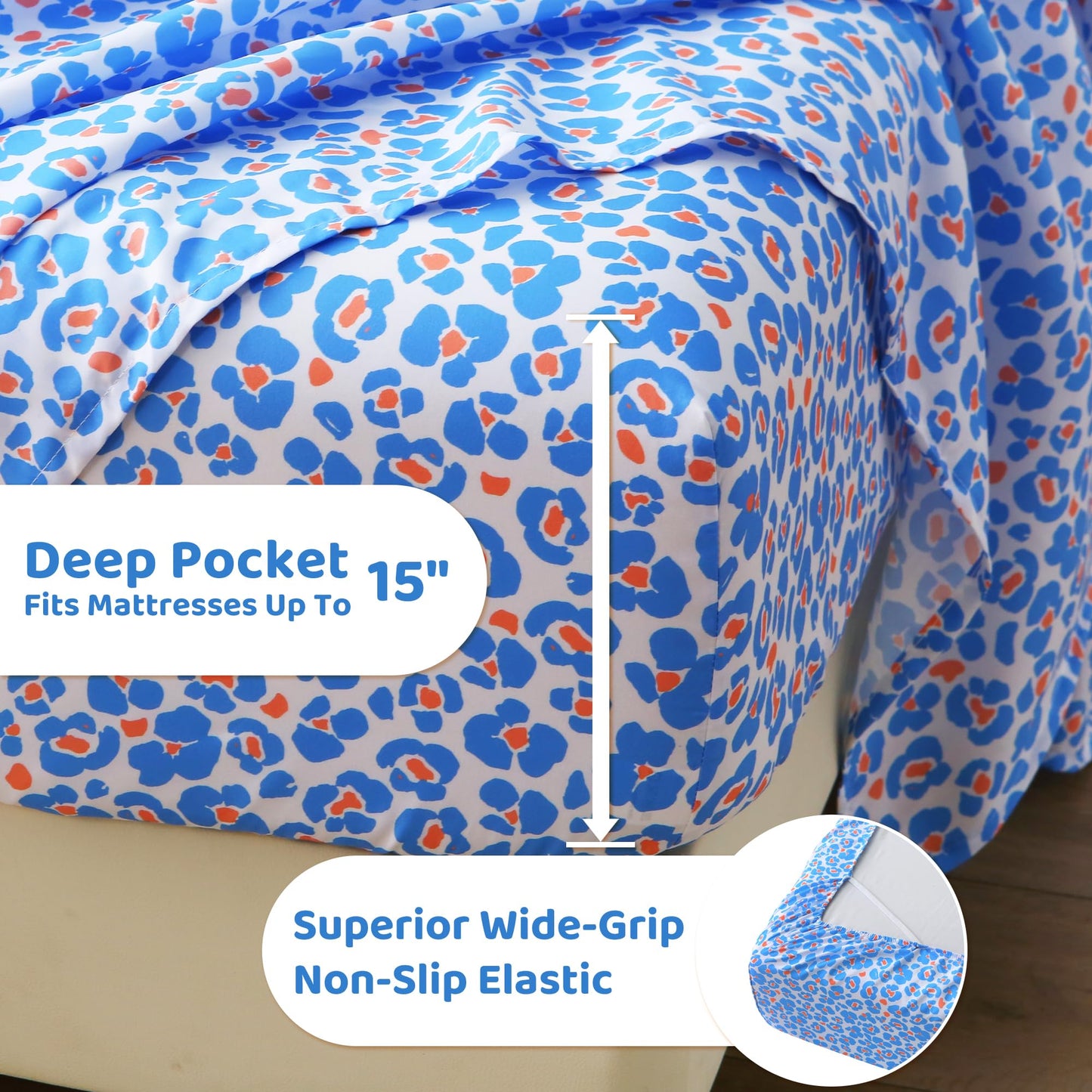 Mooreeke Leopard Cheetah Printed Twin Bed Sheets, Soft Microfiber Bedding Sheets & Pillowcases, Deep Pocket Non-Slip Fitted Twin Sheet, Blue Animal Pattern Bedsheets