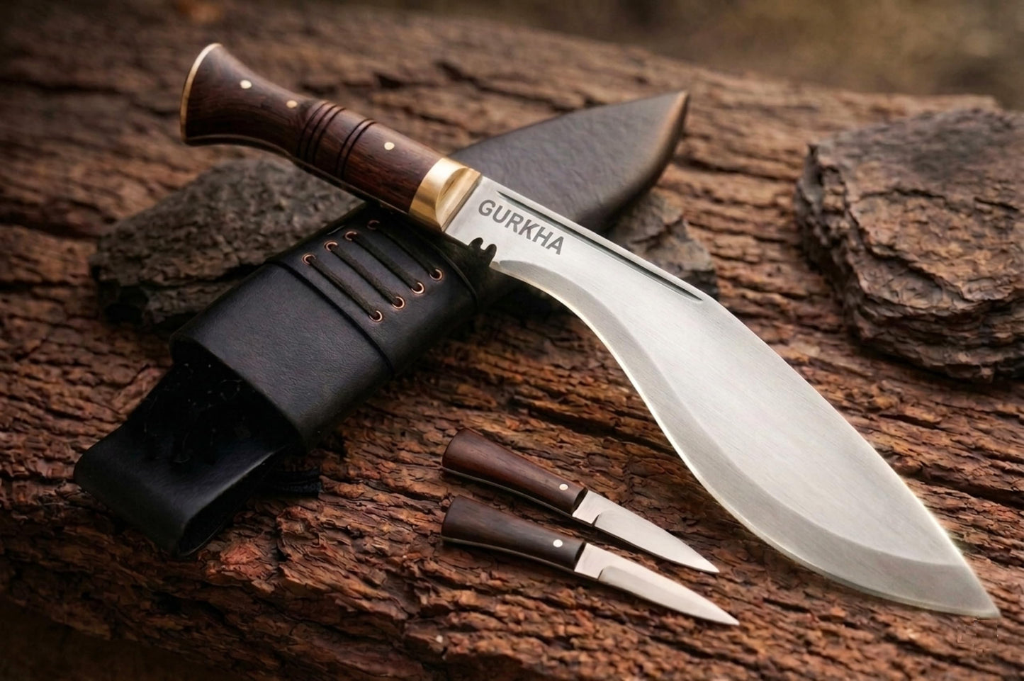 Gurkha Kukri Knife – Hand-Forged in Nepal – WW II 11" Carbon Steel Blade | Full Tang Khukuri – Heavy Duty Chopping, Survival & Bushcraft with 2 Utilities Knives & Leather Sheath