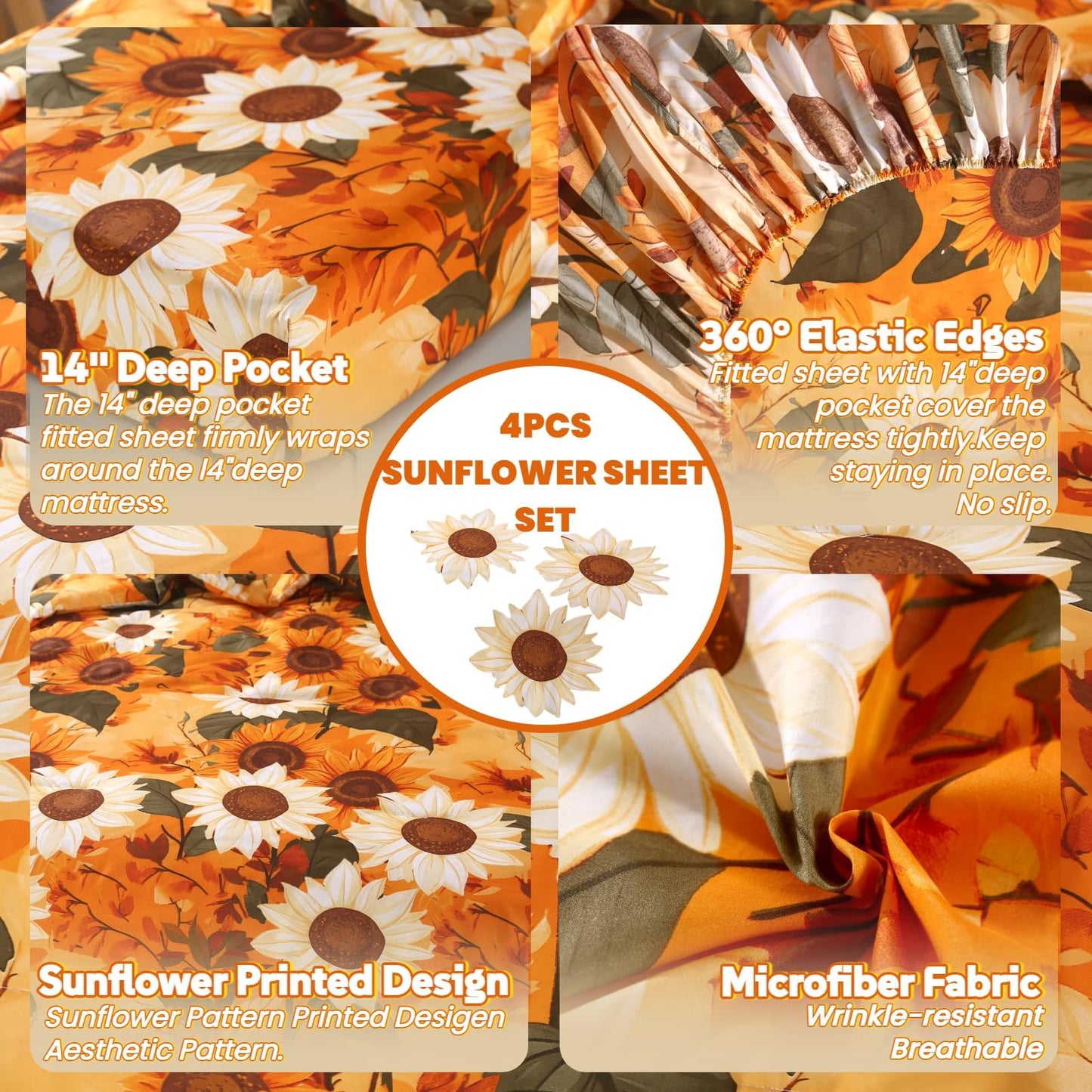 MAG 4Pcs Floral Queen Size Bed Sheets,Floral Microfiber Bedding Sheet Sets,Boho Yellow Sunflowers Pattern,included 1 Fitted Sheet 14''Deep Pocket + 1 Flat Sheet + 2 Pillowcases,Breathable and Wrinkle.