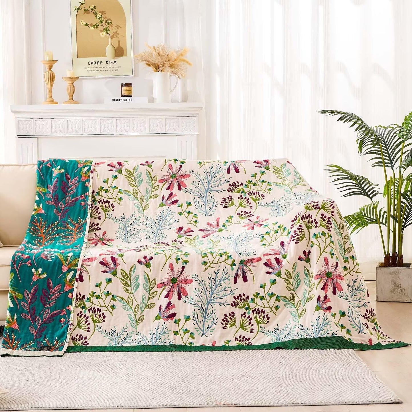 XIBLC Boho Throw Blanket for Bed, 100% Cotton Soft Rustic Quilt Fall Blanket, 60"x80" Floral Printed Farmhouse Decor Bed Blankets, All Season Rustic Reversible Bohemian Throw Quilt