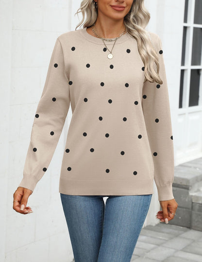 Zeagoo Womens 2025 Fall Sweaters Long Sleeve Tops Classic Crew Neck Pullover Sweaters Loose Dressy Polka Dot Basic Tops