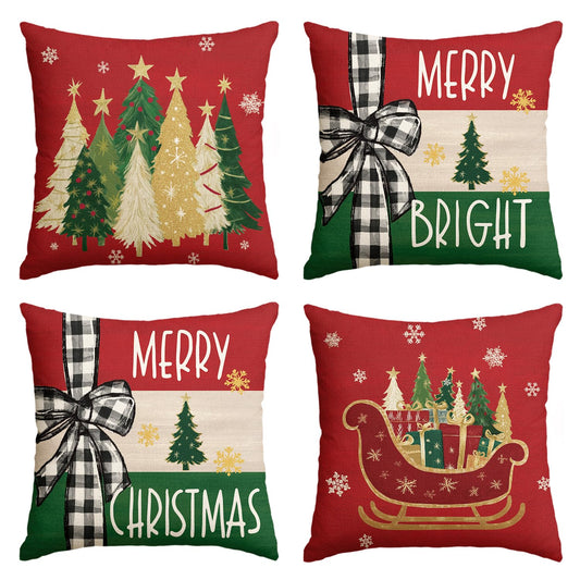AVOIN colorlife Merry Bright Christmas Trees Star Sleigh Throw Pillow Covers, 20 x 20 Inch Bow Snowflake Red Xmas Winter Holiday Cushion Case Decoration for Sofa Couch Set of 4
