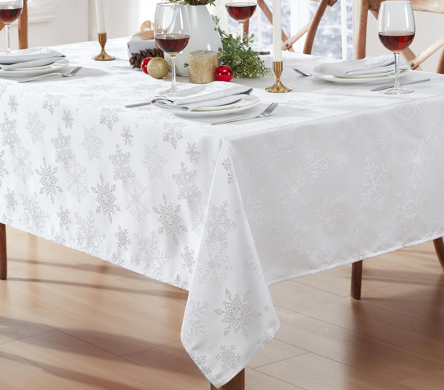 Newbridge Fancy Metallic Snowflake Christmas Fabric Tablecloth, 60 x 84 Inch Rectangle, White Silver, No-Iron Soil Resistant Sparkling Snowflakes Woven Holiday Table Cover