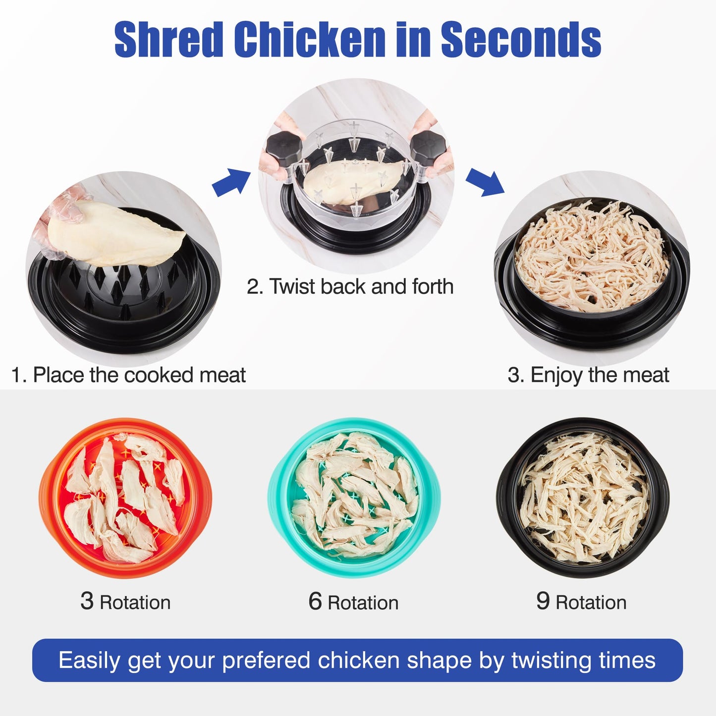 Chicken Shredder Tool Twist: 2025 Pro Food-Grade Visible Meat Shredder with Strong Anti-Slip Base, Ergonomic Handle, Chicken Breast Shredder, Suitable for Pork Beef Chicken - Black