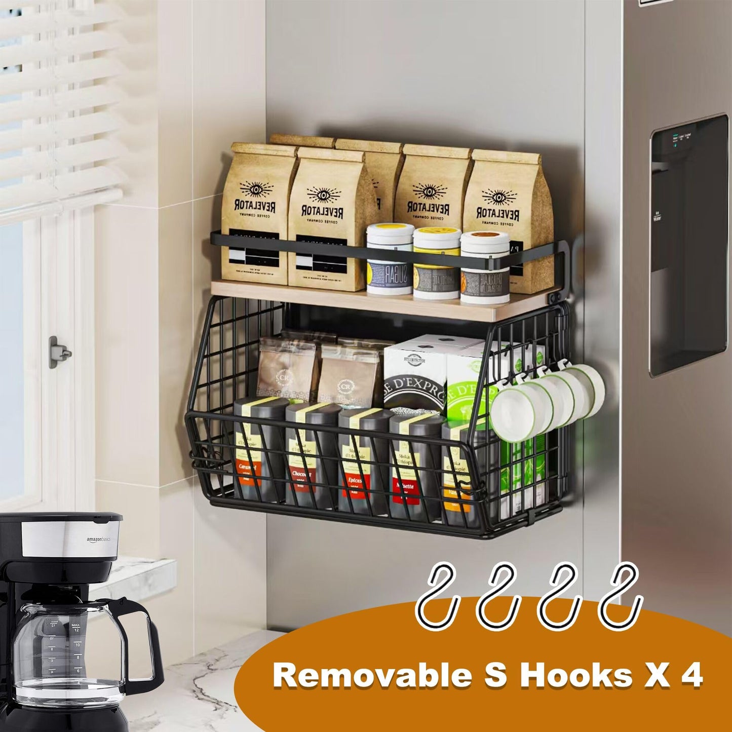 Clothink Magnetic Shelf for Fridge,Hanging Wall Basket for Potato Onion Fruit and Vegetable Storage Bins,Large Produce Container Magnetic Spice Rack for Refrigerator Kitchen Counter Pantry,Black