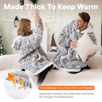 Giggling Getup Wearable Blanket Hoodie for Adults Gifts for Teen Girls Sister Women Sherpa Fleece Printed Hooded Blanket Sweatshirt Warm Cozy with Pocket & Sleeves Grey Snowflake