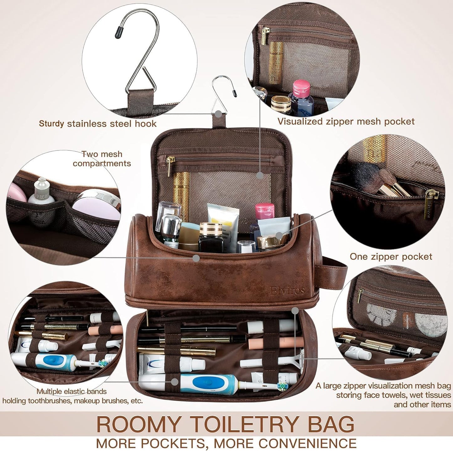 Elviros Water-Resistant Leather Toiletry Bag for Men Large Double-Layer Travel Wash Bag Shaving Dopp Kit Bathroom Gym Toiletries Makeup Organizer,Gift for Men (Dark Brown)