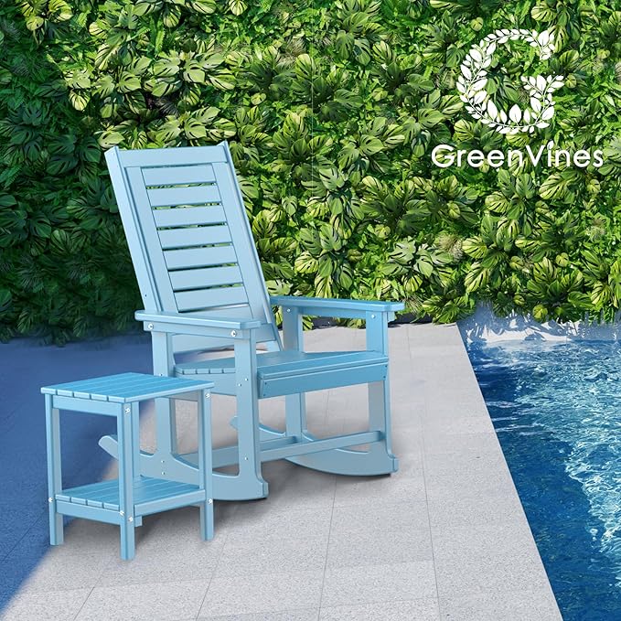 GREENVINES Outdoor Rocking Chair Set | 3-Piece | 2 Rocking Chairs with 1 Side Table | Porch Rocker | HDPE Plastic | Arctic | Patio Furniture Sets | High Back | Big & Tall | Ladder Back