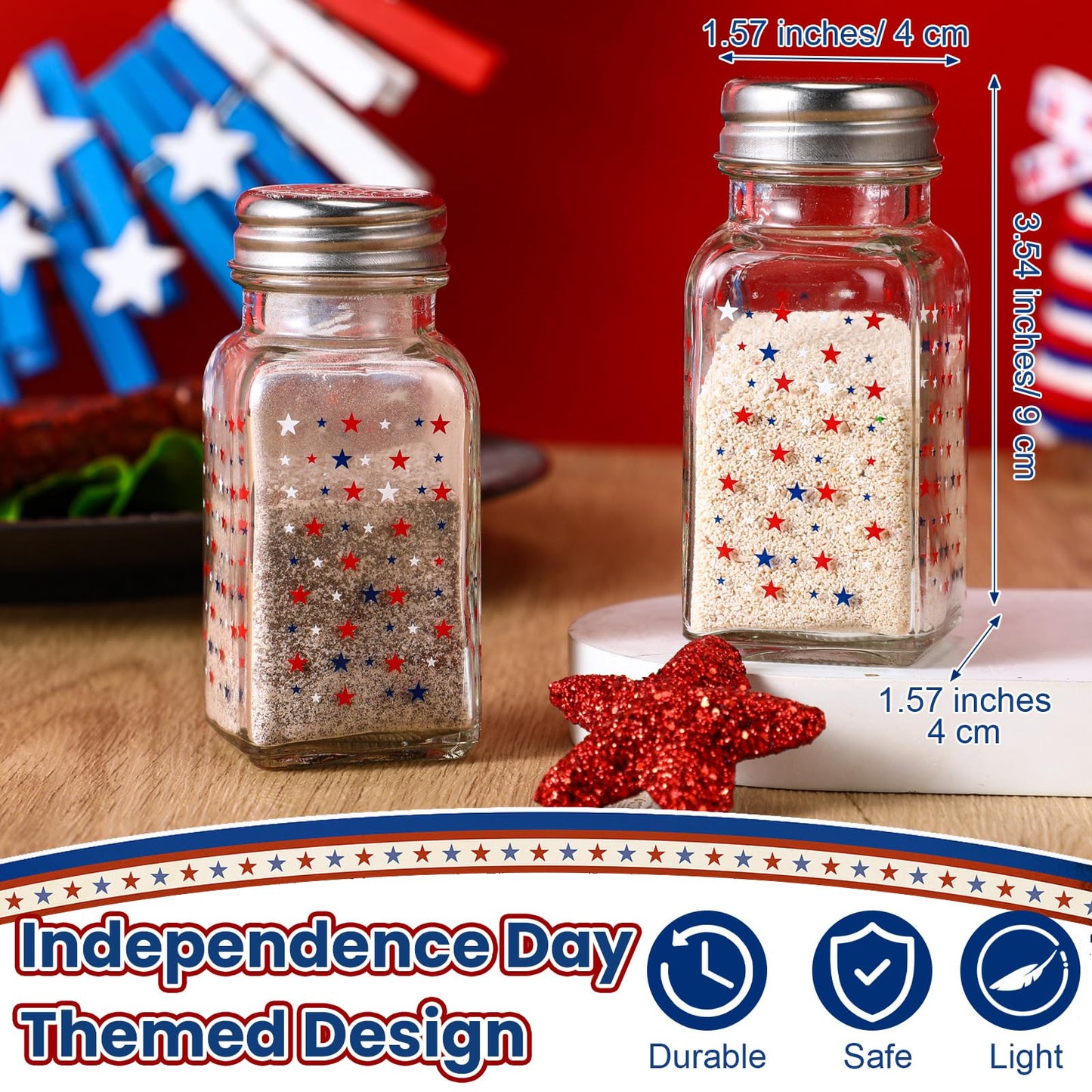 Reallnaive 2 Pcs 4th of July Salt and Pepper Shakers, Patriotic Salt and Pepper Shakers Set Independence Day Red White and Blue Star 250th Anniversary Kitchen Counter and Table Decor