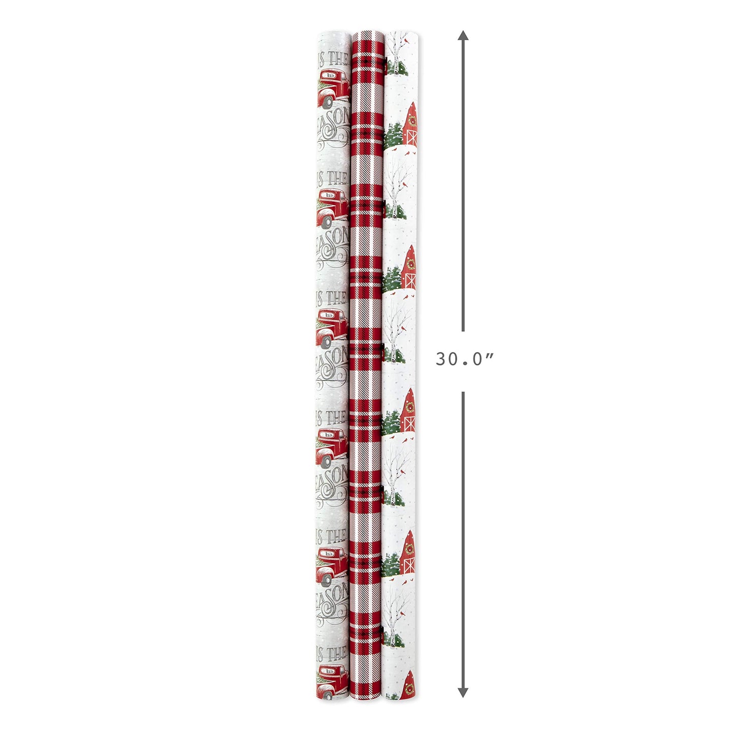 Hallmark Holiday Wrapping Paper Rolls - Rustic Christmas Gift Wrap Paper (Set of 3 Reversible Rolls: 120 sq. ft. ttl.) Plaid, Barn, Red Truck, Moose, Woodland Scenes