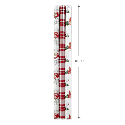 Hallmark Holiday Wrapping Paper Rolls - Rustic Christmas Gift Wrap Paper (Set of 3 Reversible Rolls: 120 sq. ft. ttl.) Plaid, Barn, Red Truck, Moose, Woodland Scenes