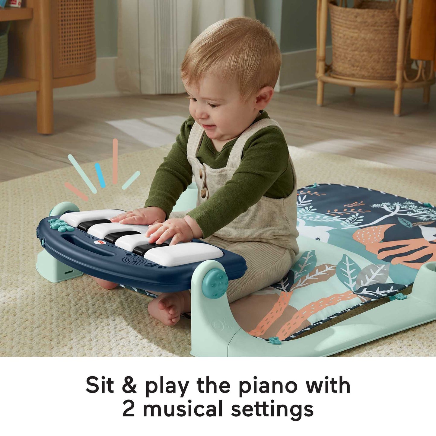 Fisher-Price Baby Playmat Kick & Play Piano Gym with Musical and Sensory Toys for Newborn to Toddler, Navy Fawn, HKX37