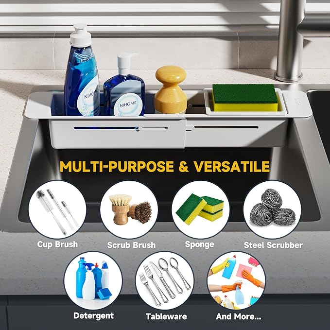 NiHome Extendable Over Sink Kitchen Organizer, Small Telescopic Brush Storage
