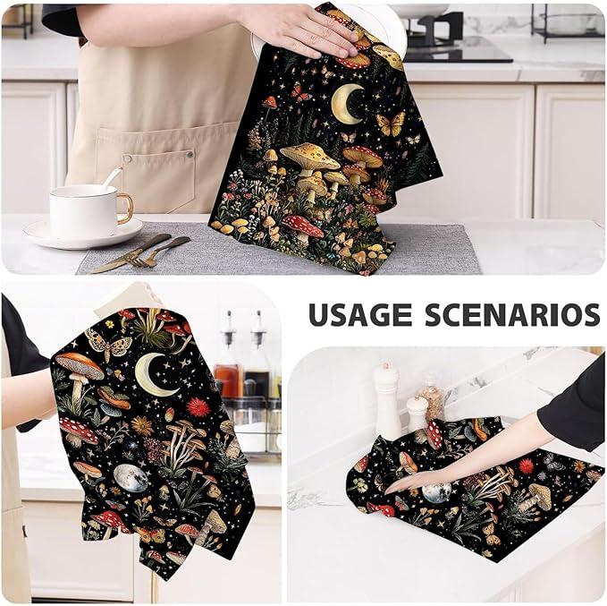 Mushroom Moth Kitchen Towels Decorative Set of 4, Witchy Dish Towels Absorbent