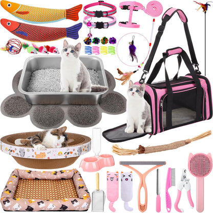 PullCrease 38 Pcs Kitten Supplies Starter Kit Cat Essentials Set Include Cat Scratcher Cardboard Stainless Steel Litter Box Bed Carrier Kitten Toys Accessories for Welcome Gift Supplies