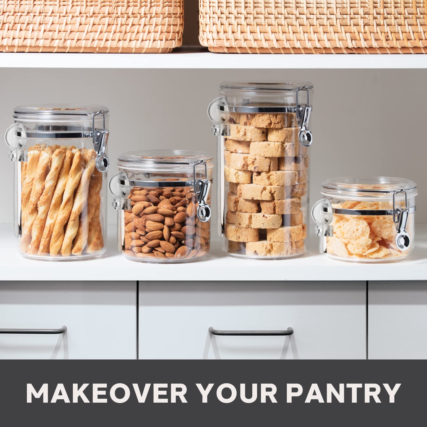 Oggi 4pc Clear Canister Set with Clamp Lids & Spoons - Airtight Food Storage Containers, Ideal for Kitchen & Pantry Storage of Bulk, Dry Food Including Flour, Sugar, Coffee, Rice, Tea, Spices & Herbs