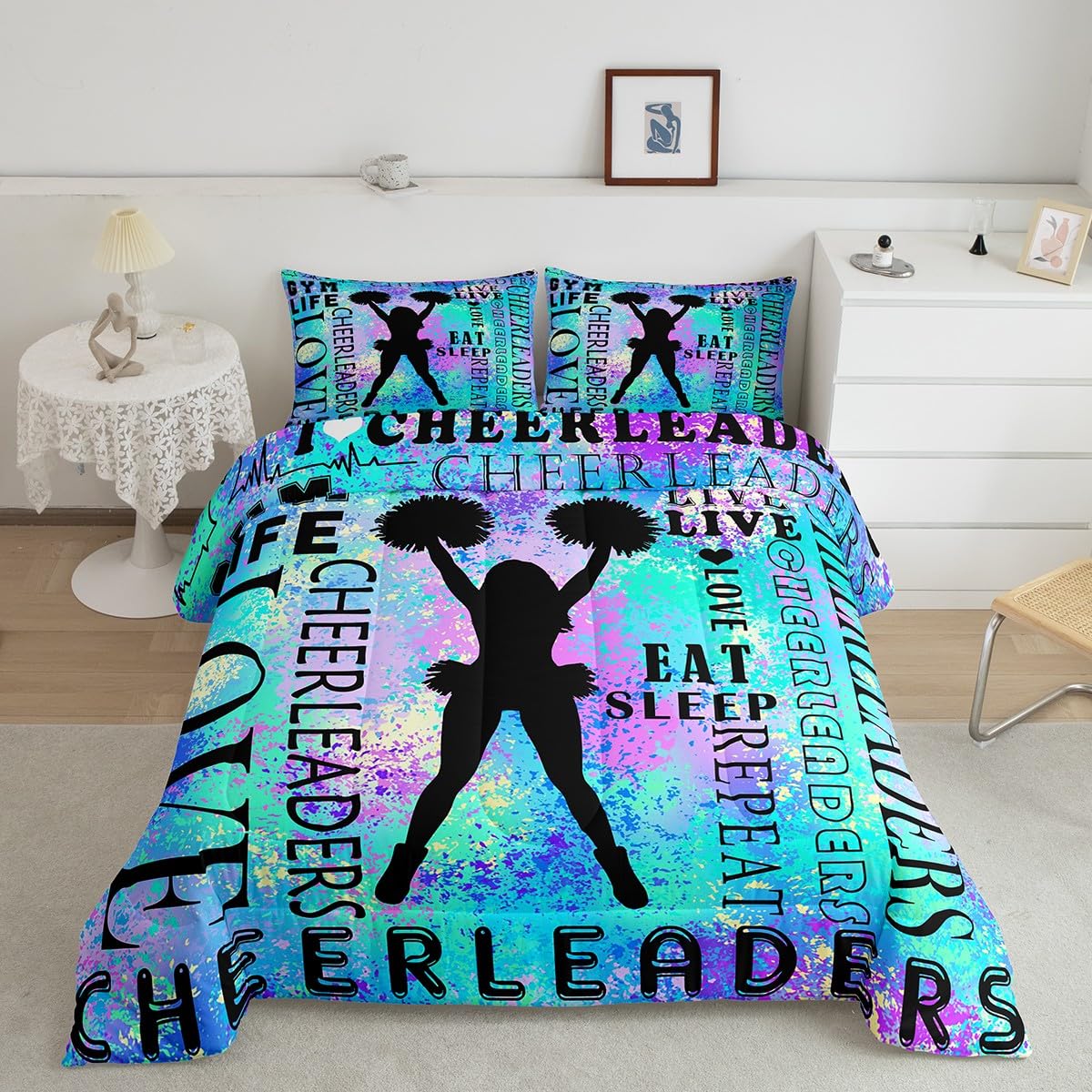 Feelyou Cheer Bedding Set Full Size Kids Dancer Comforter Cover for Boys Girls Teens Blue Duvet Cover Breathable Soft Lightweight Microfiber