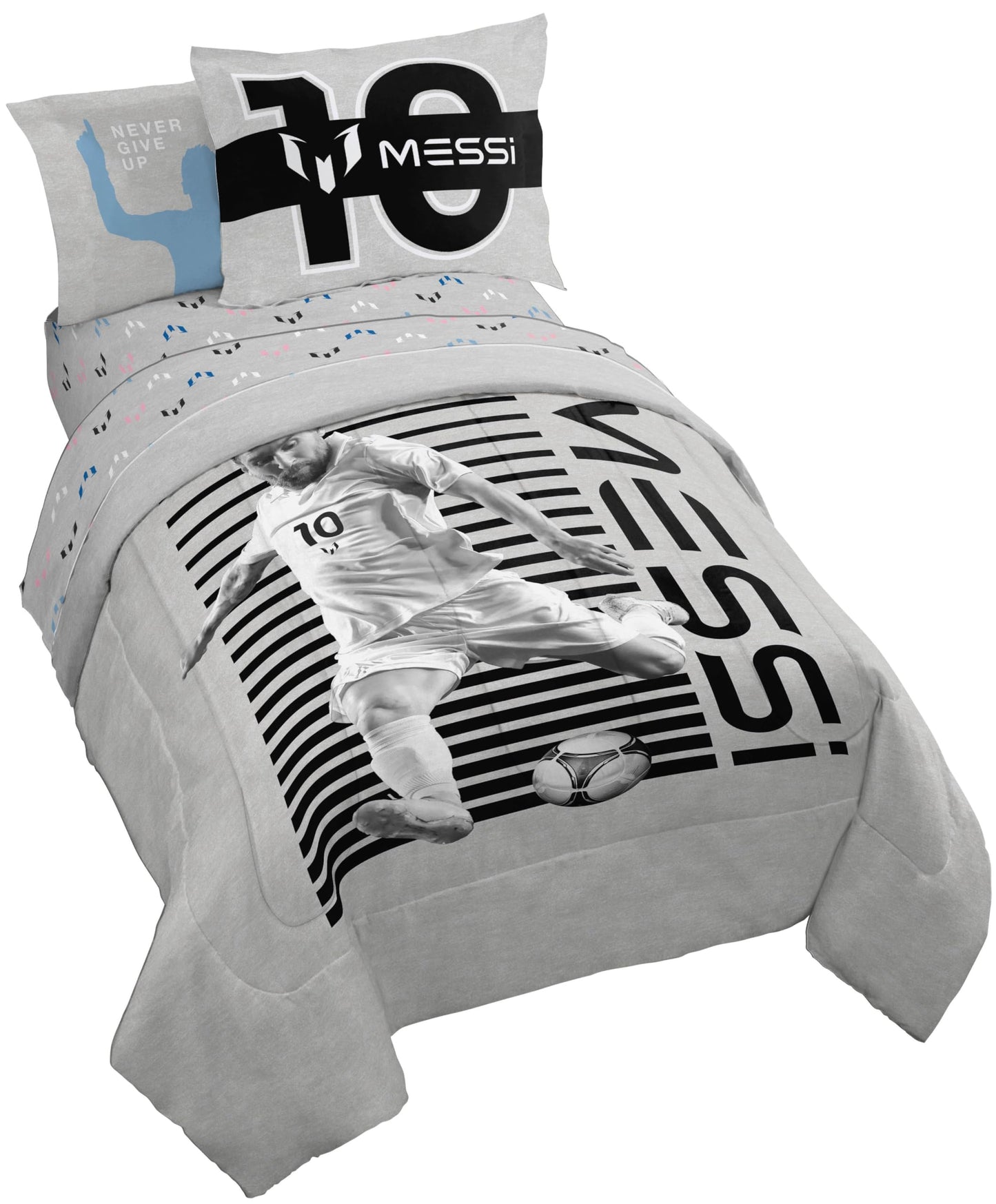 Jay Franco Kids Comforter Set Includes Sheets and Pillow Cover - Soft and Cozy Bed Set for Stylish Room Décor, Grey - Messi, 5 Piece Twin