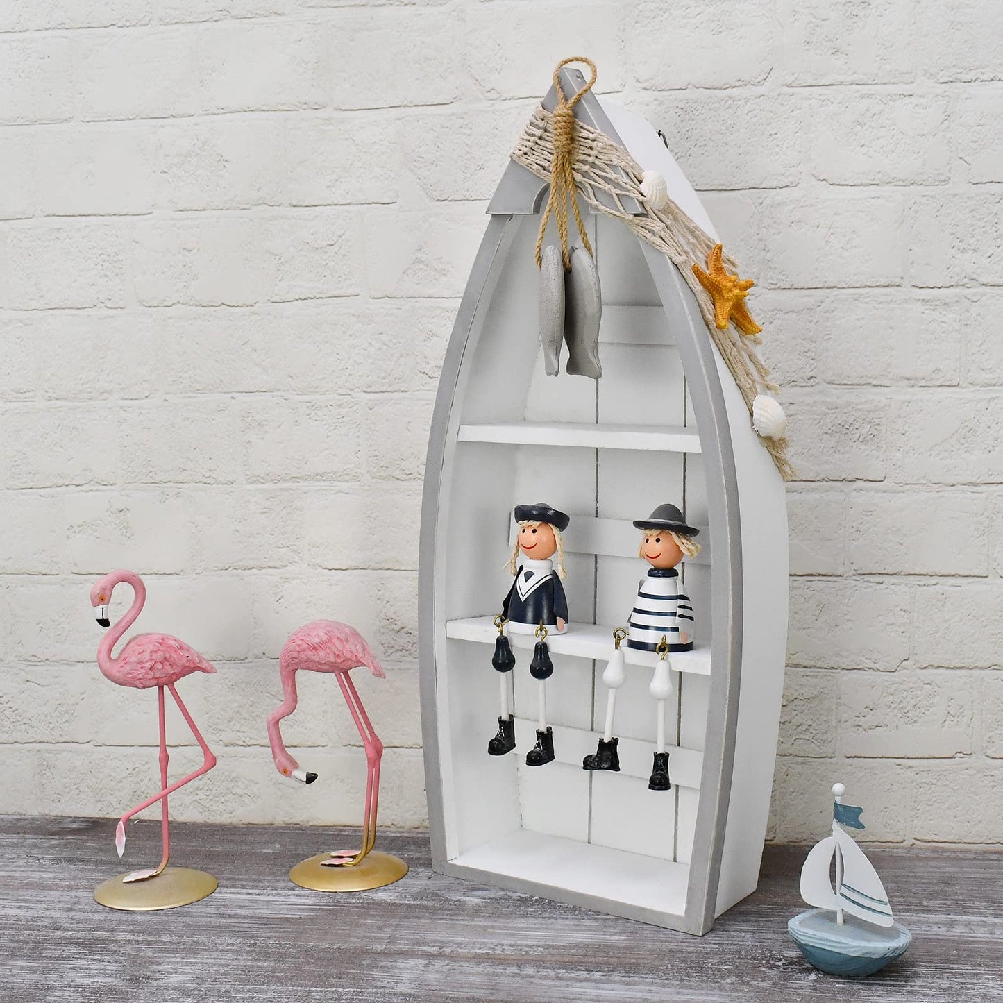 Morning View 2-Shelf Wood Boat Shelf, Nautical Decor with Fishing Net, Starfish, Seashells - Wall Mount or Tabletop Display - Beach Themed Home Decor, White, 6.7x3x16.5 Inch