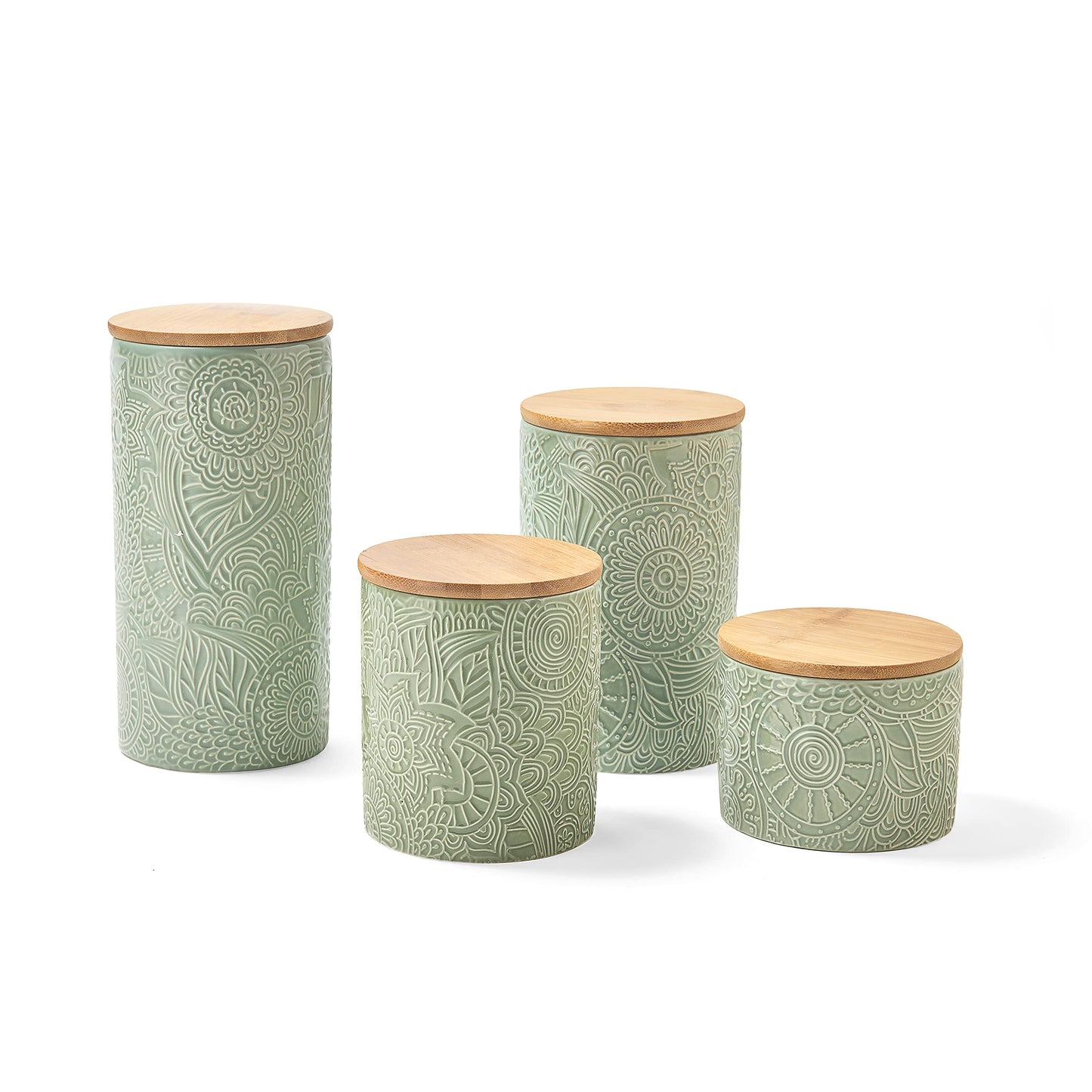 American Atelier 1182486-RB Embossed Canister 4-Piece Ceramic Set Jar Container with Wooden Lids for Cookies, Candy, Coffee, Flour, Sugar, Rice, Pasta, Cereal & More Sage