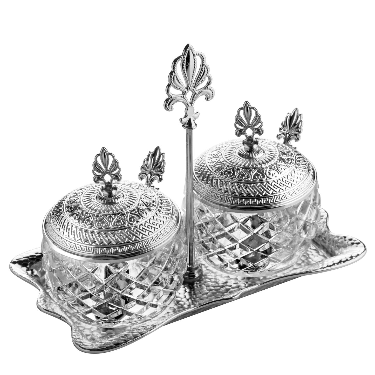 Alisveristime 2-Piece Spice Holder Set with Zamac Lids, Glass Jars, and Metal Tray Stand - Elegant Storage for Sugar, Salt, and Spices (Gold & Silver) (Silver)
