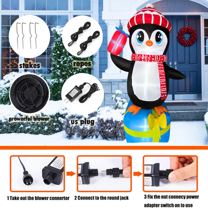 JOYEASE 5.5 FT Christmas Inflatables Penguin with Gift Boxes Decoration, LED Lighted Christmas Blow up Yard Decorations for Party Indoor Outdoor Garden Lawn Decor Xmas Inflatables Present