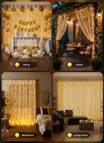 Brightown 300 LED Curtain String Lights, 9.8 FT Hanging Fairy Lights with Remote, 8 Modes, Waterproof Window Lights for Bedroom Backdrop Wedding Outdoor Party Christmas Decorations(Not Connectable)