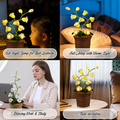 Lily of The Valley Lamp, Crochet Artificial Flowers with 10 Little Night Lights, Cordless Flower Bedside Lamps Small Table Lamp for Mothers Day,Birthday Gifts,Christmas,Valentine Home Decor (White)