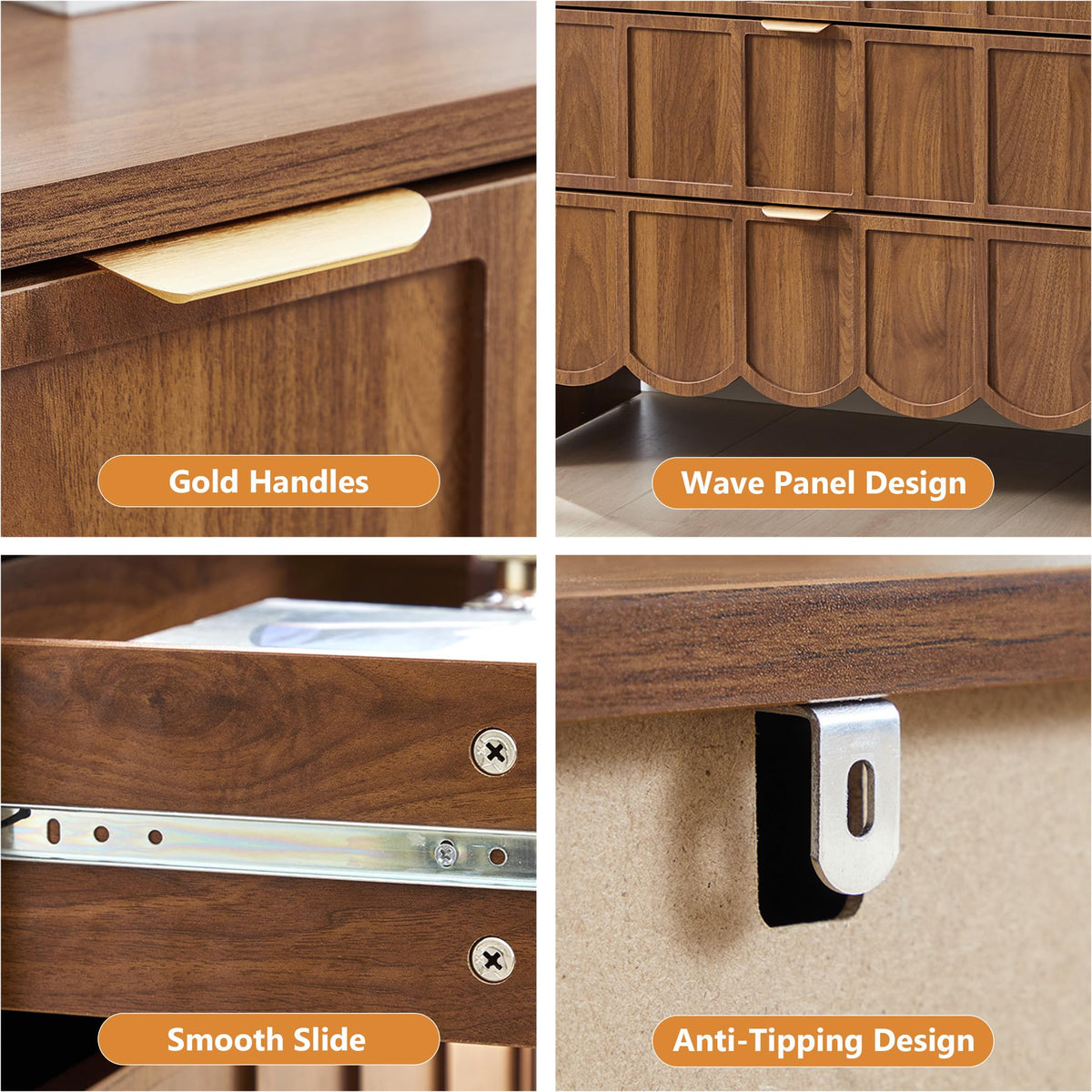 ORRD 3 Drawer Dresser for Bedroom, Modern Closet Chest of Drawers with Wave Fluted Drawer, Wood Storage Small Dresser Organizer for Nursery Bedroom Living Room Hallway Closet (Walnut)