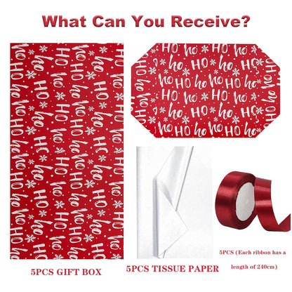 Jaywayang 5 Pack Red Christmas Gift Boxes with Lids, Ribbons and Tissue Papers Square Gift Boxes - 7.1 Inch - Presents Wrapping Christmas Gift Holiday New Year Party Favor Boxes.