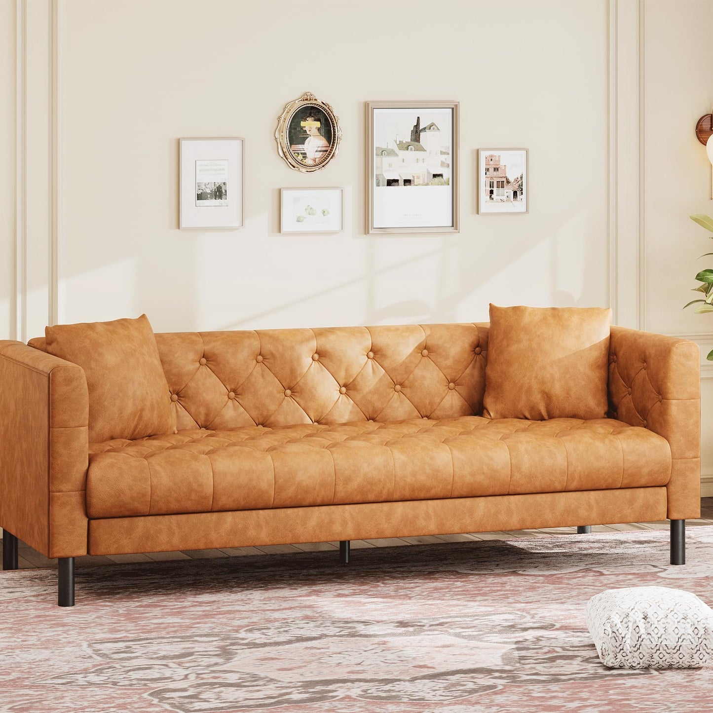 Garvee 81 Inch Leather Couch for Living Room, Modern Leather Sofa with Deep Seat, Handmade Button Tufted Sofa, Chesterfield 3 Seat Couch for Apartment, Office, Cognac Tan