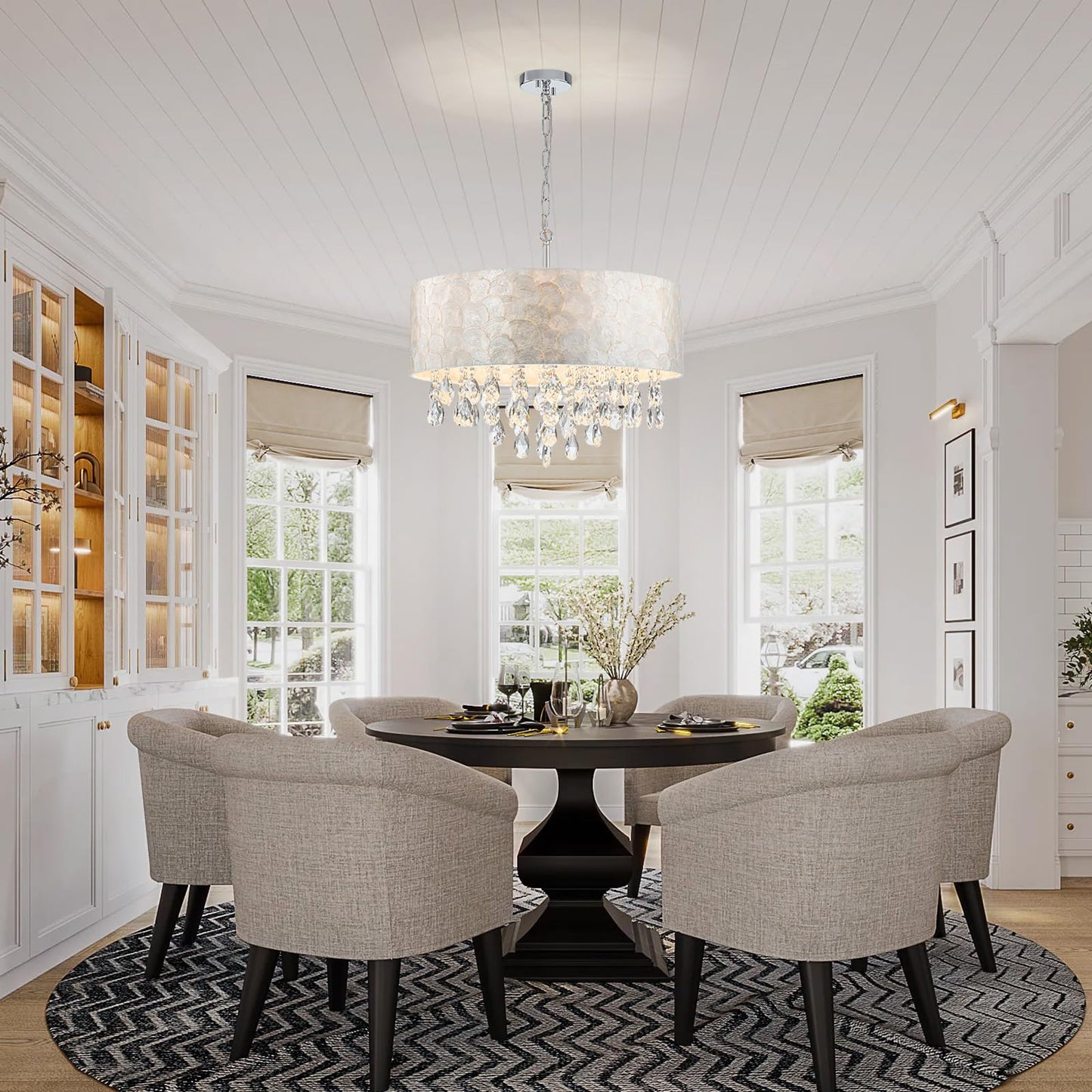 LumFurn X-Large D24in Drum Capiz Shell Crystal Chandeliers, 6-Light Coastal Style Light Fixture for Dining Room, Living Room, D24xH23~71in(Adjustable), K9 Crystal, Shell Lampshade & Chrome Finish