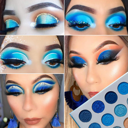 DE'LANCI Space Blue Eyeshadow Palette 15 Color Cosmetics Pressed Pigment Christmas Snowflake Eye Shadow Pallete Matte Shimmer Glitter Drama Makeup Eye Shadow Powder Long Lasting Blue Makeup Pallet