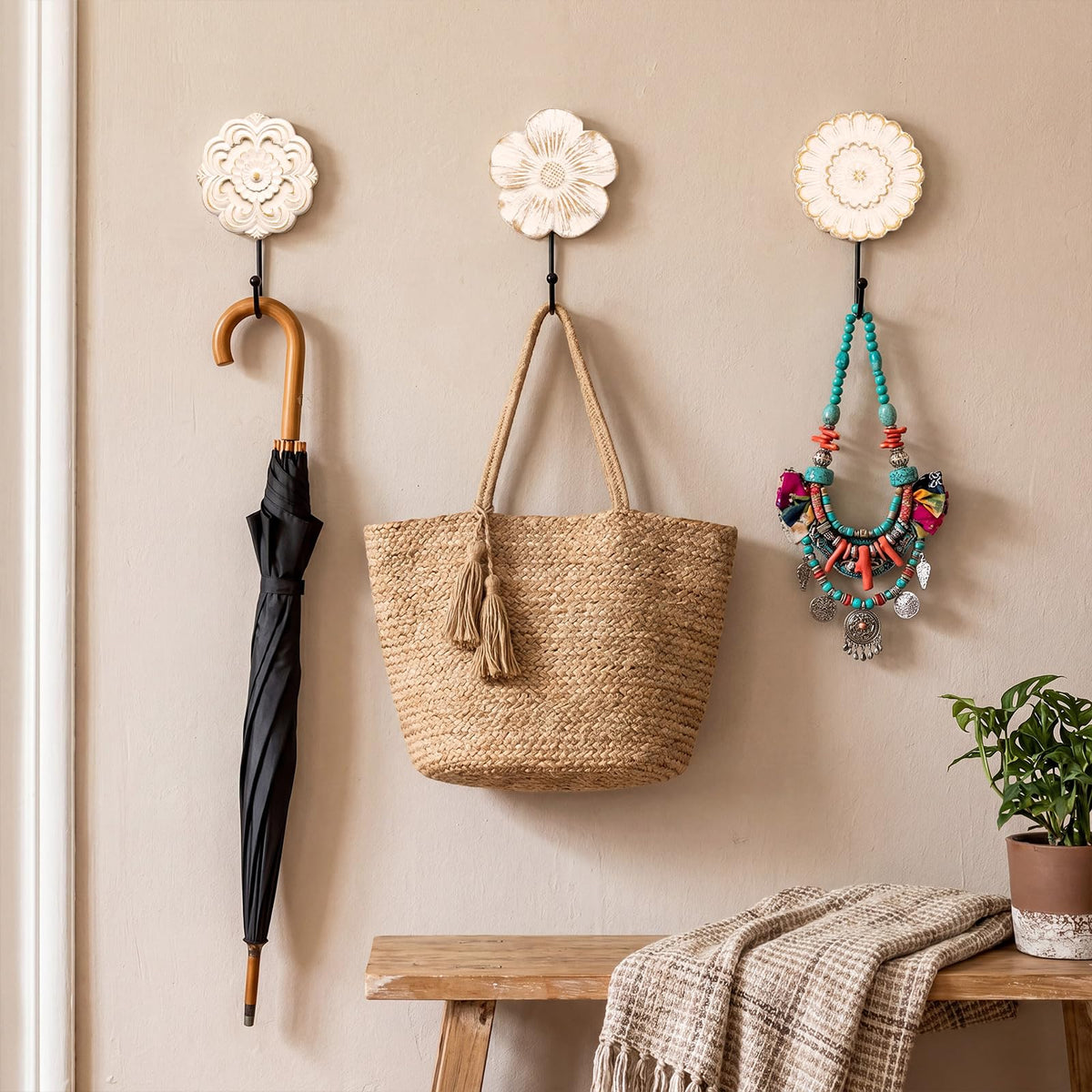Novabright 3 Pcs Boho Wooden Wall Hooks, White Distressed Flower Decorative Wall Mounted Hooks for Bathroom, Entryway, Bedroom, Hanging Towels, Keys, Hats, Coats