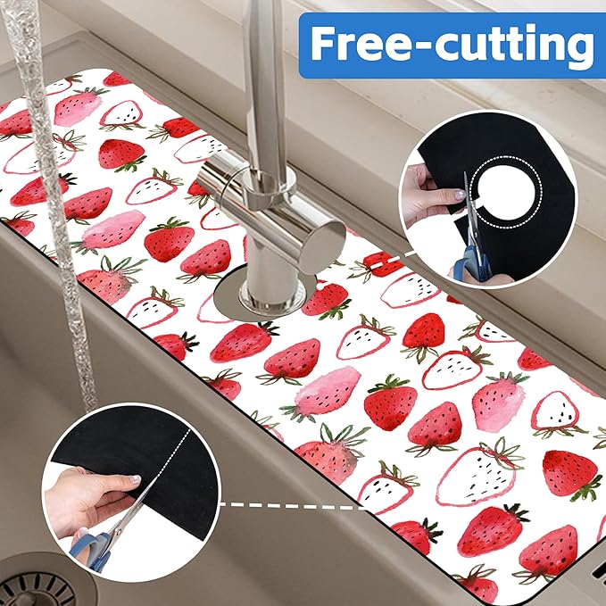 Watercolor Strawberry Kitchen Sink Splash Guard Absorbent Fast Drying Mat