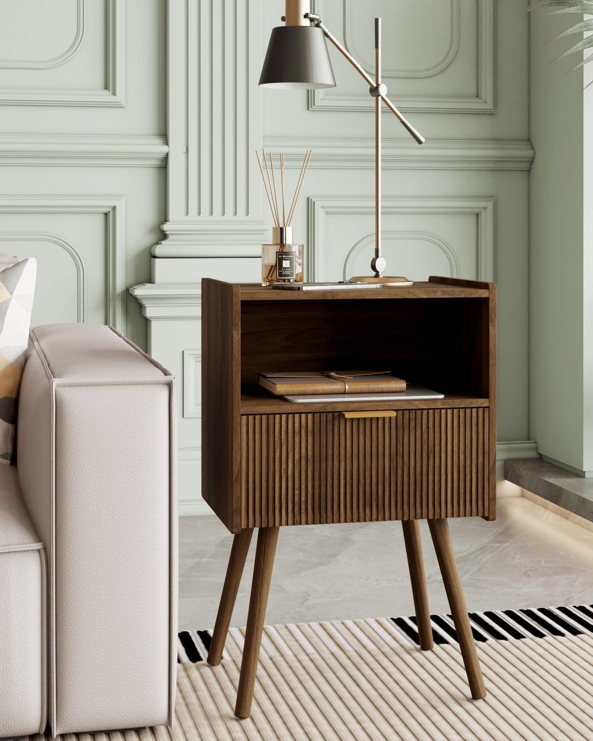 Veegle Nightstand,Modern Bedside Table with Storage Drawer and Open Wood Shelf, Accent Night Stand with Solid Wood Legs for Living Room, Bedroom and Small Spaces,Easy Assembly (Walnut Brown)