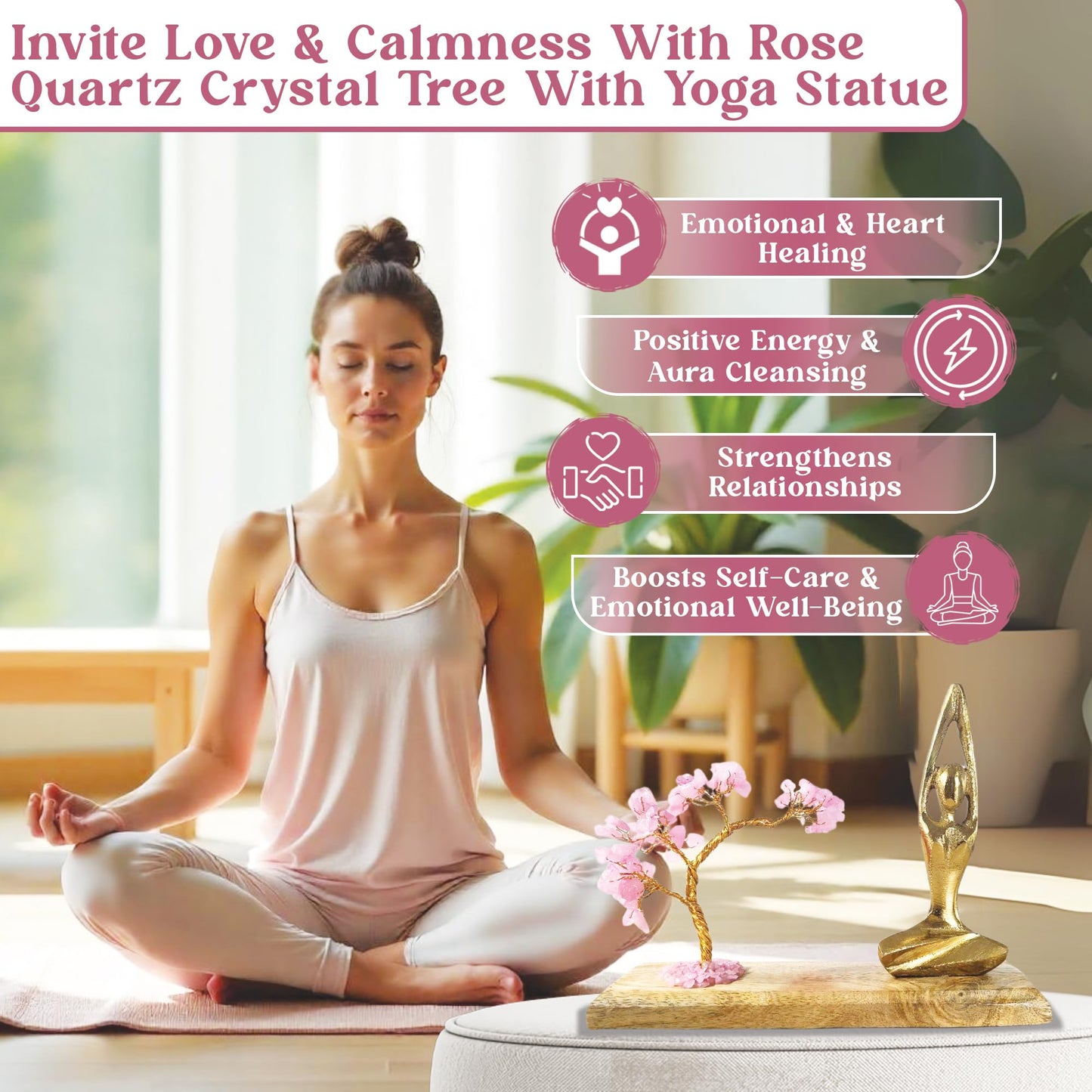 HOME INFINIX Rose Quartz Crystal Tree with Golden Yoga Figurine – Handmade Bonsai Gemstone Tree on Wooden Base for Healing & Positivity, Meditation, Feng Shui, Reiki, Spiritual Home Decor, Zen Gift