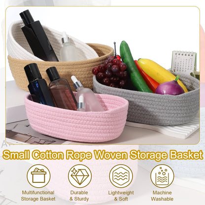 uxcell White Small Cotton Rope Woven Storage Basket, Shelf Closet Storage Gift Woven Baskets Cute Nursery Box Bin Decor Organization Bin for Home Supply, Oval, 10.3x3.2