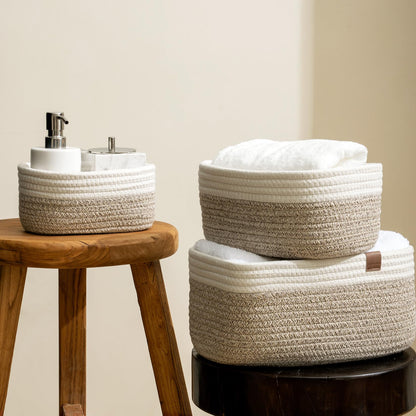 LA JOLIE MUSE Storage Baskets, Cotton Rope Woven Bathroom Storage Basket Set of 3, Small Basket Box Organizer Bins With Handles