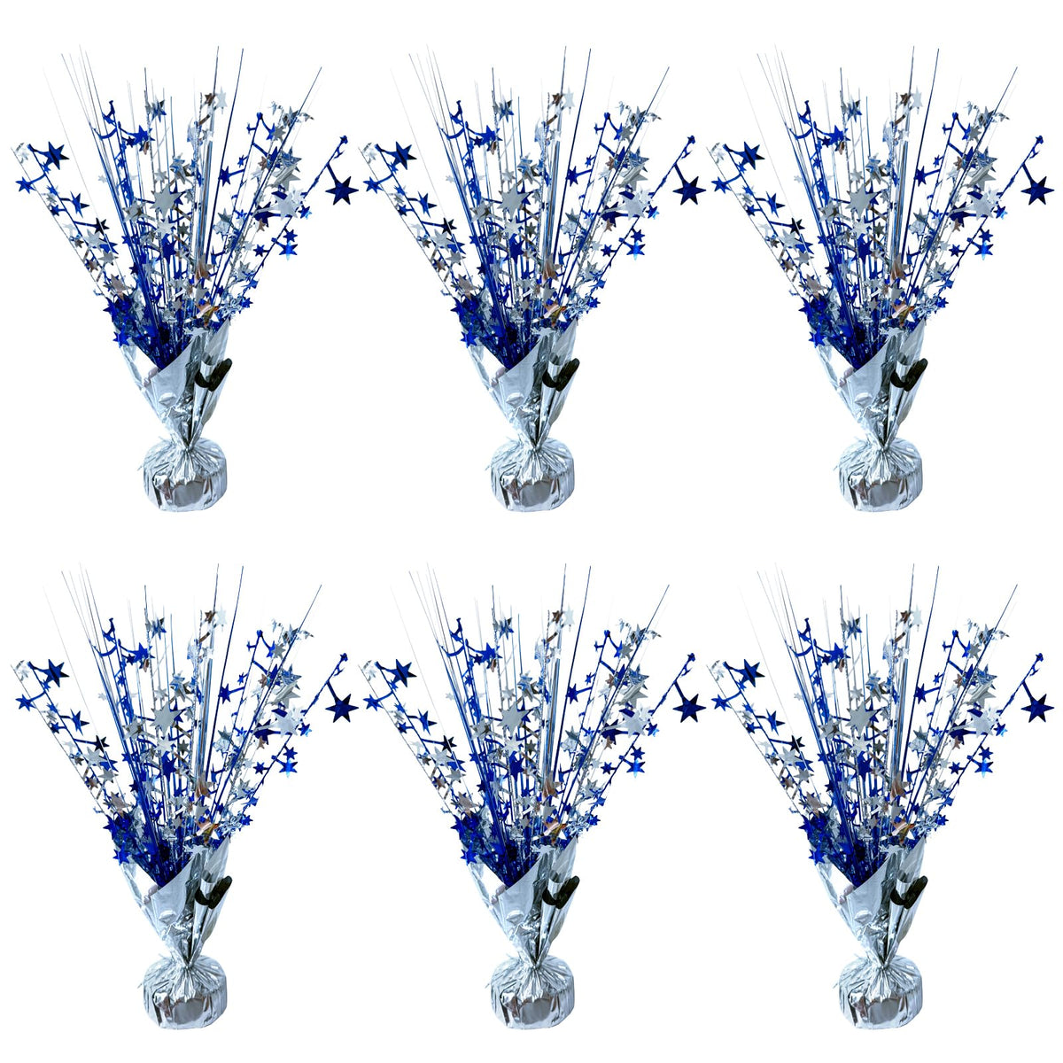 FUBININA 6 Pack Metallic Foil Spray Centerpiece Star Table Decoration Burst Table Centerpieces for Birthday Wedding Anniversary Graduation Holiday Party Supplies Decor, Silver Blue