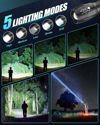 Maxesla Rechargeable LED Torch Set High Lumen, IP65 Waterproof, 5 Modes, Zoomable Pocket Torch Led Super Bright Flashlight, Battery Powered Torch for Camping, Hiking, Outdoor, 18650 Battery Included