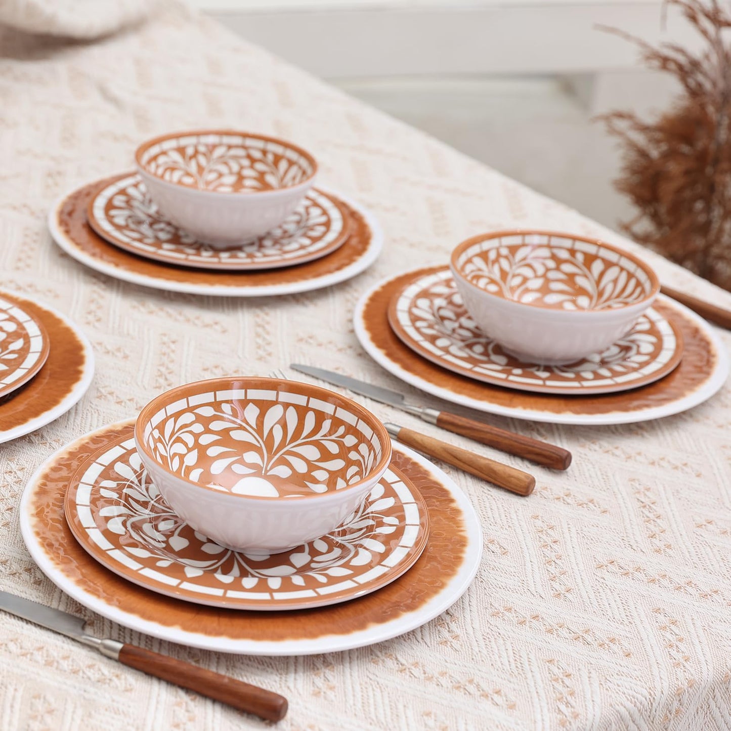 Yinshine Melamine Plates and Bowls Set, 12-Piece Melamine Dinnerware Set, Dinner Serving Dishes Set for 4, Unbreakable, Brown-Yellow