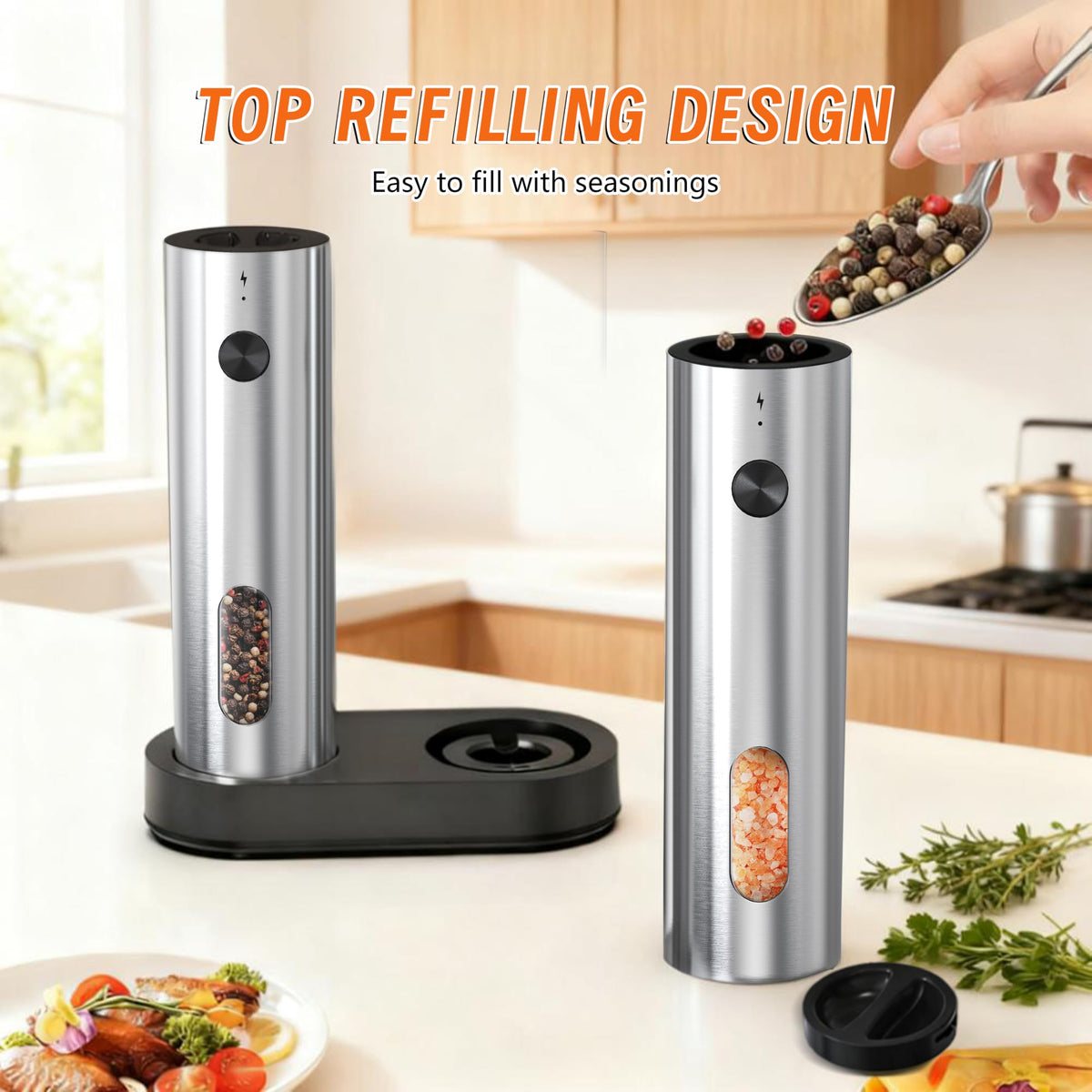 Candlejeeft Electric Salt and Pepper Grinder Set,Rechargeable,Adjustable Coarseness,LED Light with Dual Charging Base,110ml Upgraded Large Capacity,Top-Refill,Stainless Steel Automatic Pepper Shakers