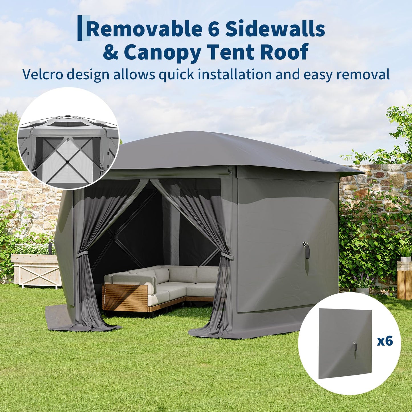 Garvee 12FT Pop-Up Gazebo 6-Sided, Outdoor Canopy Tent with Mosquito Netting, Removable Canopy Top & Wind Cloths for Camping, Backyard Parties, Outdoor Events, Grey