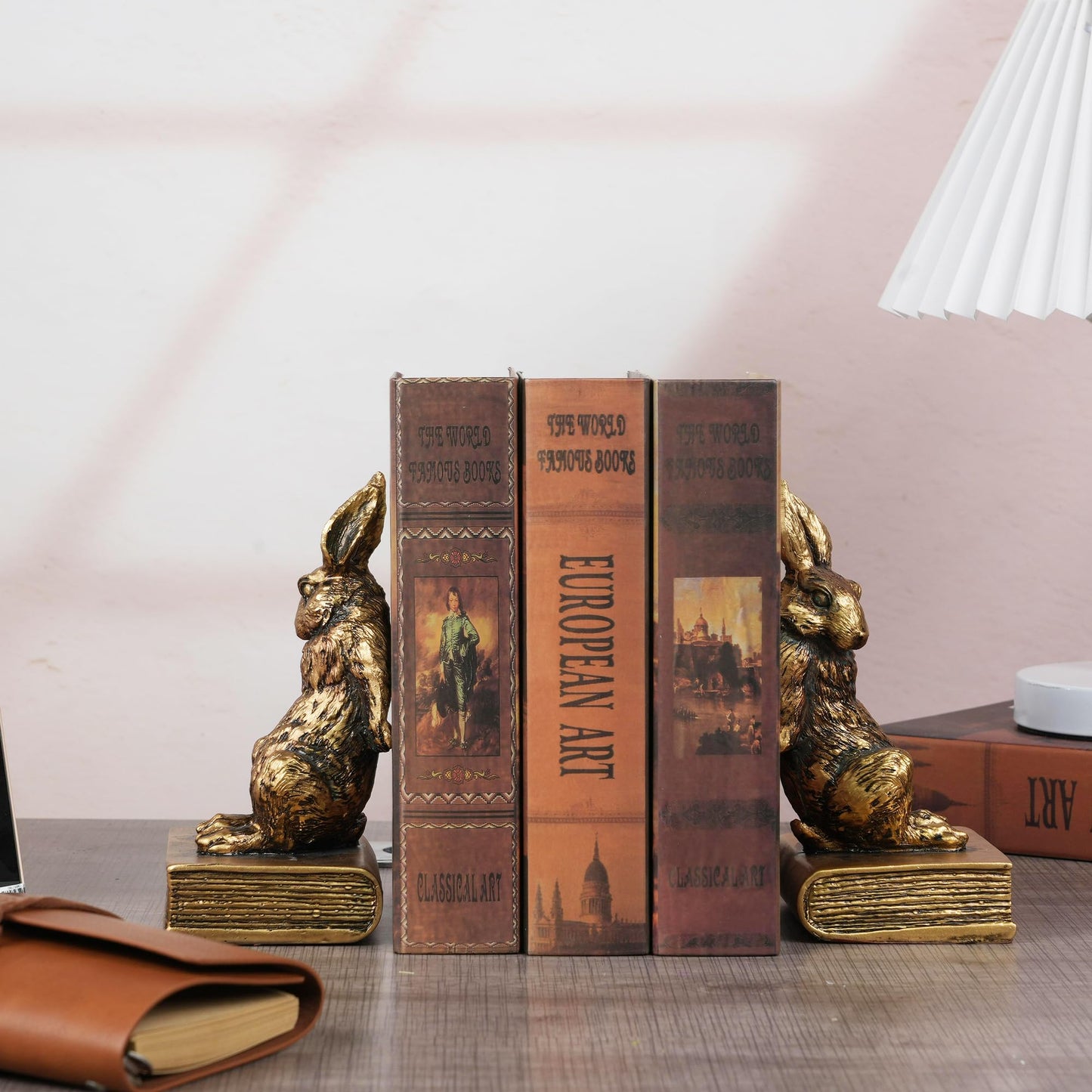 Book Ends for Shelves to Hold Books Hevay Duty,Decorative Bookends for Bookshelf Décor,Cute Animal Rabbit Book Stopper Easter Bunny Statues for Home, Office Desk, Living Room Decoration,1 Pair (Gold)