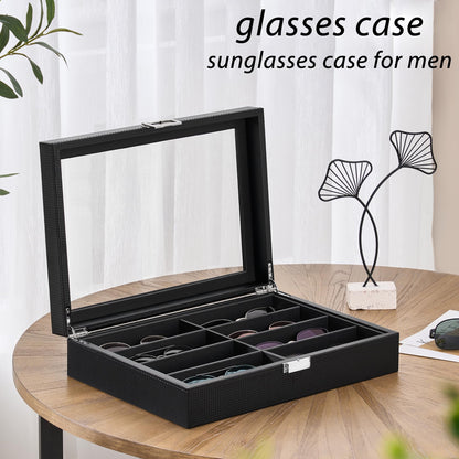 BEWISHOME Sunglass Organizer Case, 8-Slot Glasses Display Case With Large Clear Glass Lid, Pu Leather Lined Glasses Organizer for Men