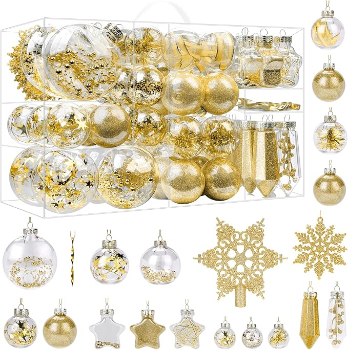 SHareconn 86PCS Christmas Balls Ornaments Set,Shatterproof Plastic Clear Decorative Baubles for Xmas Tree Decor Holiday Wedding Party Decoration, Glod
