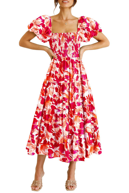 PRETTYGARDEN Women's Casual Summer Midi Dress Puffy Short Sleeve Square Neck Smocked Tiered Ruffle Dresses (Floral Red,Medium)